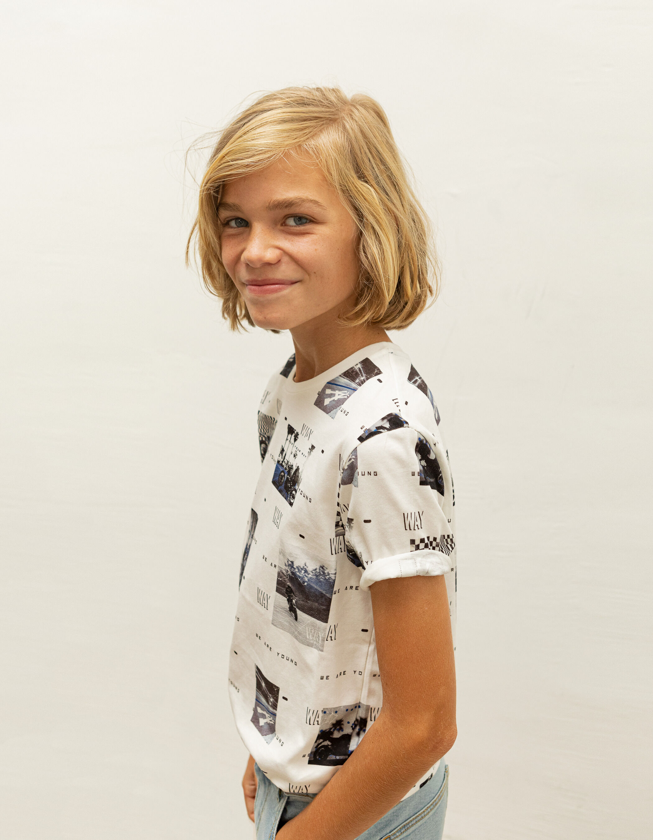 Boys white organic cotton T shirt with motorbike photos