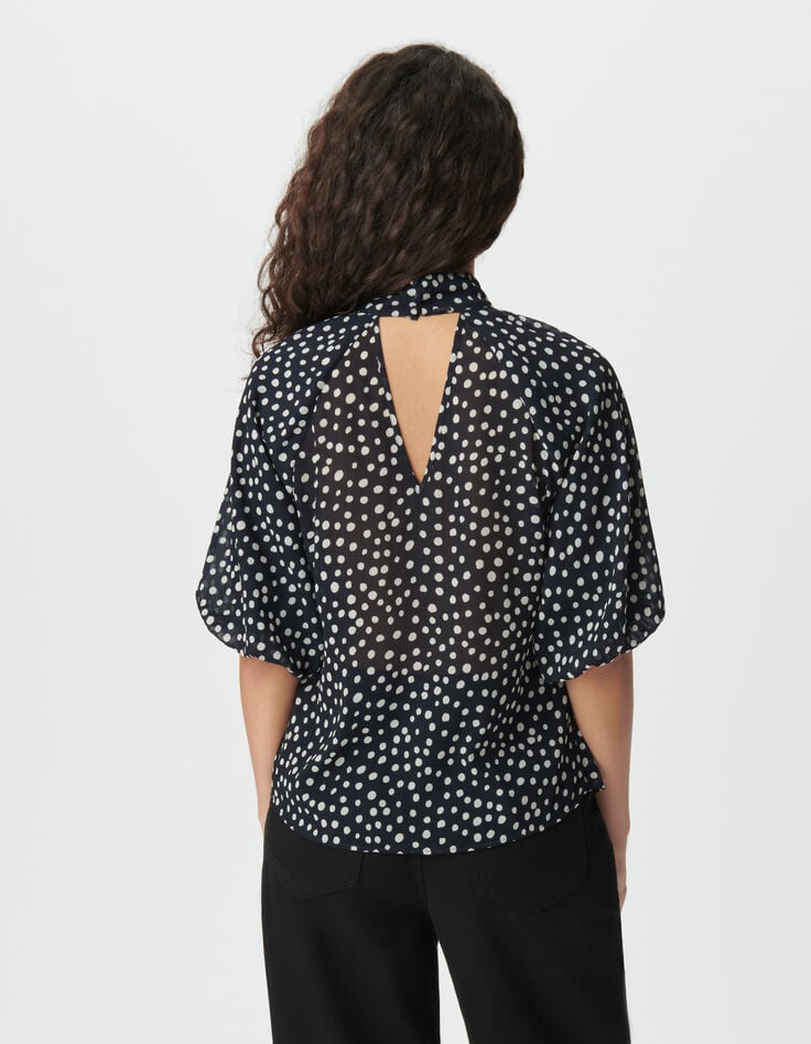 Blouse fluide marine motif pois manches ballon Femme-3 Blouse fluide marine motif pois manches ballon Femme-3
