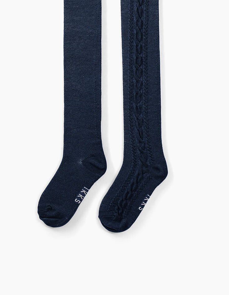 Girls’ navy knitted tights with cable knit down legs-2