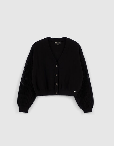 Schwarze Mädchen-Strickjacke, Lochstrick-Ärmel, cropped - IKKS
