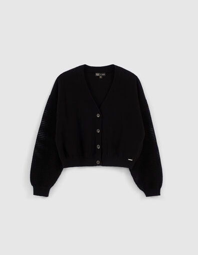 Cardigan cropped noir tricot manches ajourées fille - IKKS