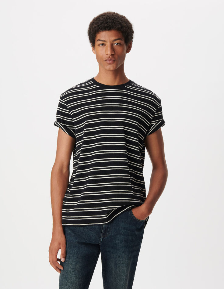T-shirt marine maille gaufr&eacute;e motif rayures Homme-5
