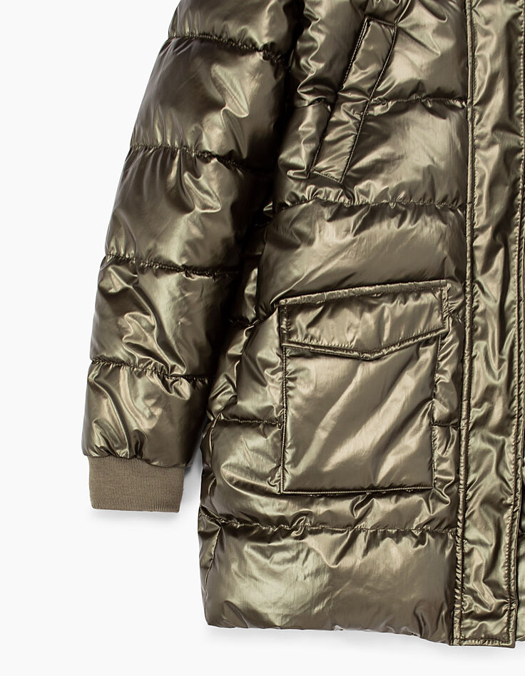 Girls’ khaki metallic-look long padded jacket-6