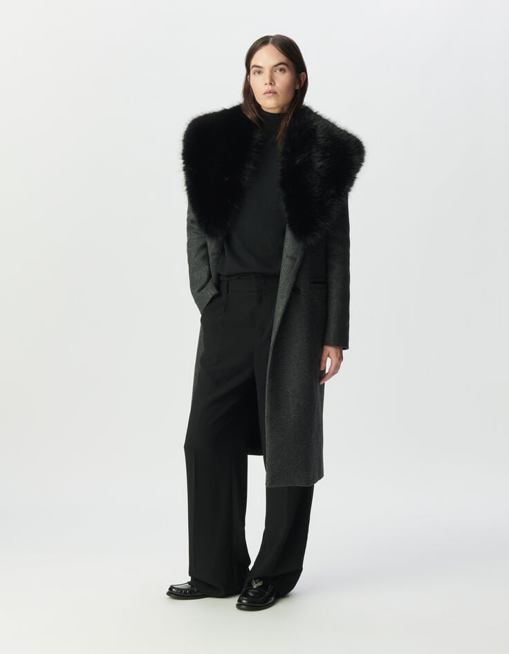 Women’s grey straight coat, detachable black fur collar-7