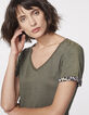 Women’s khaki linen T-shirt, leopard sleeves-3