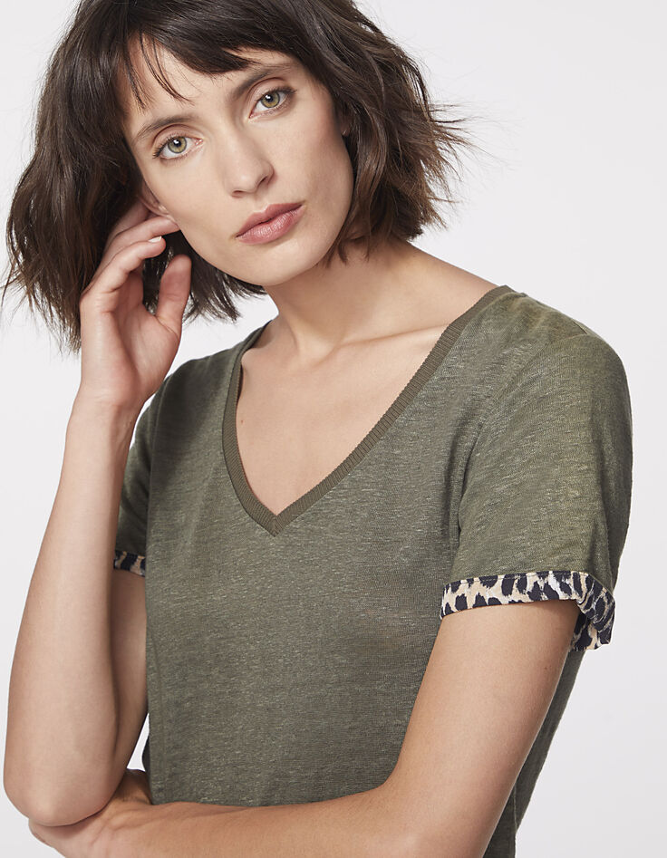 Women’s khaki linen T-shirt, leopard sleeves-3