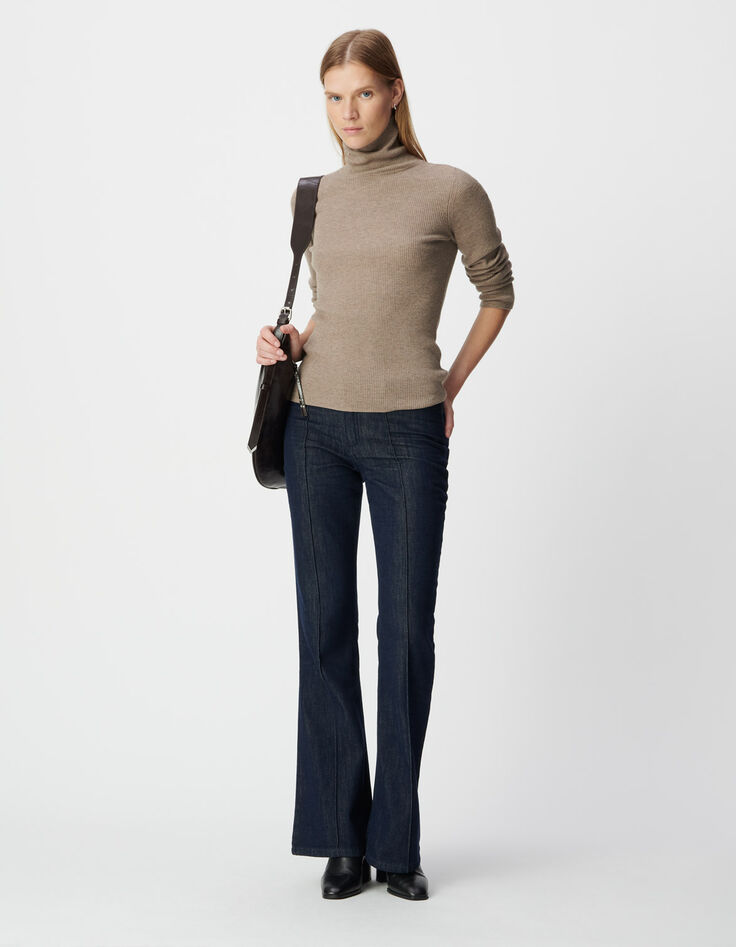 Pull col roulé beige tricot Femme-1