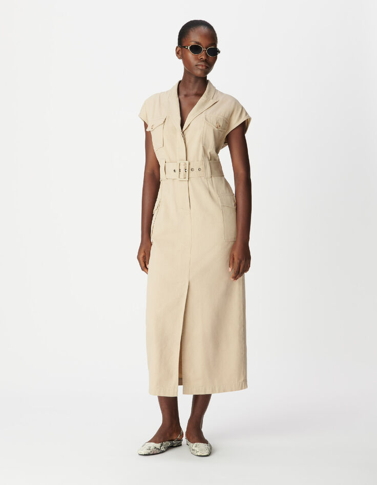 Robe saharienne longue beige sans manches Femme-1