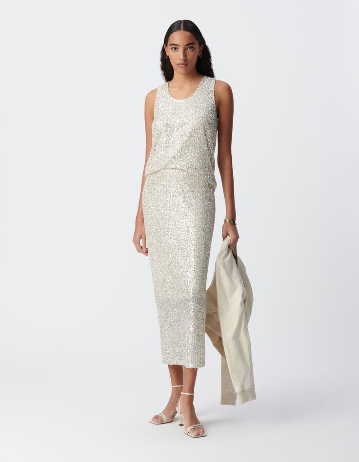 Sequin-embroidered silver midi skirt Women-1