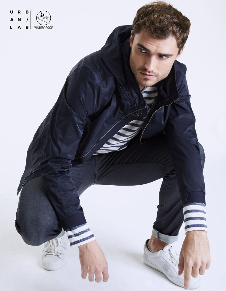 Men's navy nylon mid-length jacket-1 Men's navy nylon mid-length jacket-1