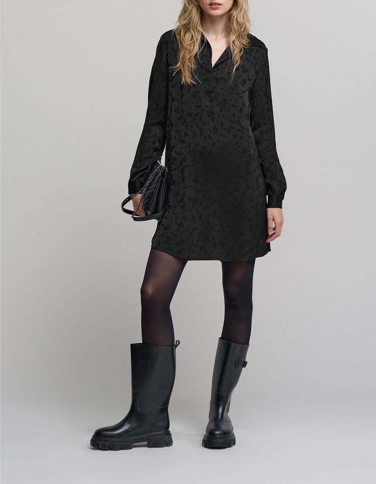 Schwarzes Jacquard-kleid mit kunstvollen Stickereimotiven-1