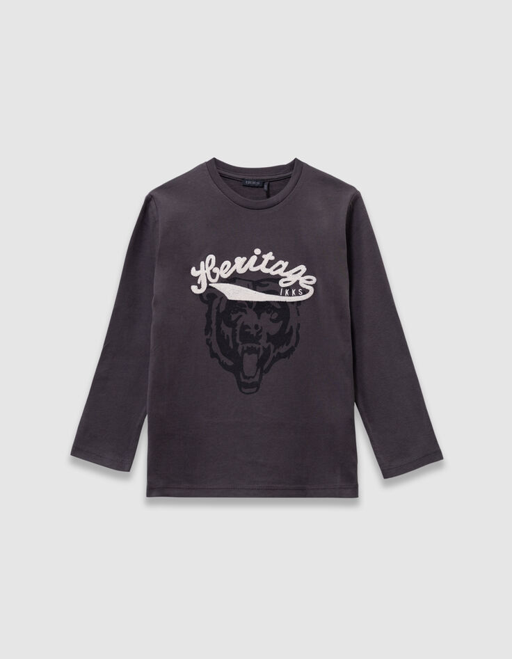 Graues Jungen-T-Shirt gestickter Bär Schriftzug-3