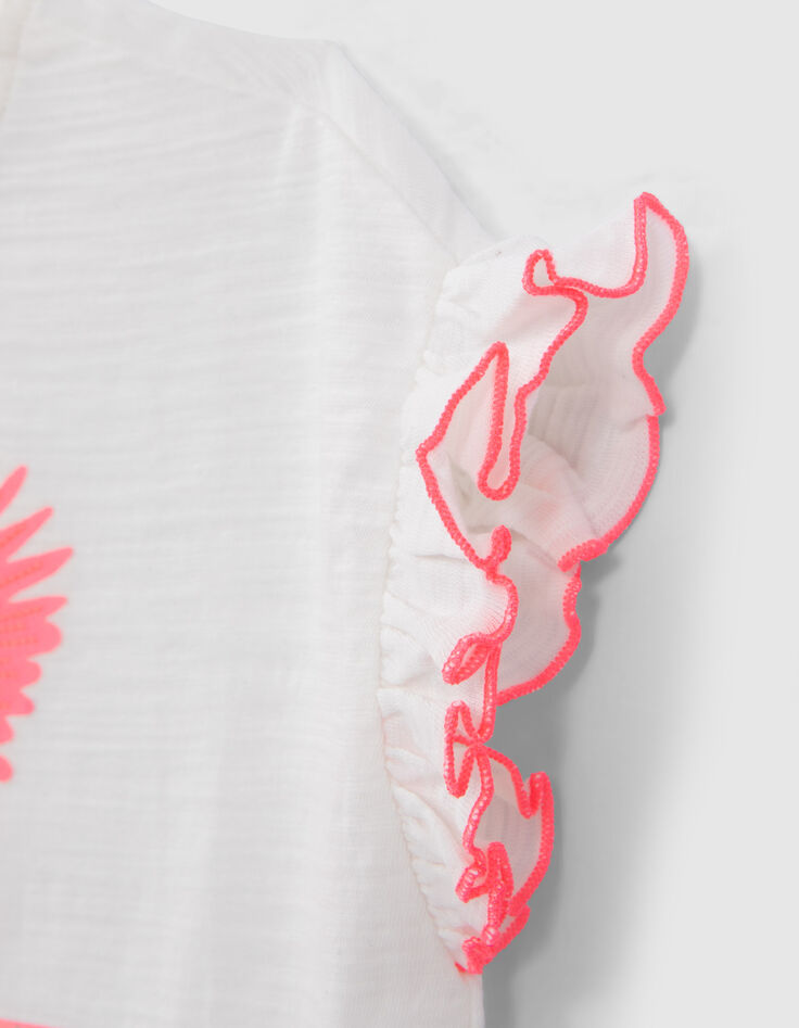 Girls’ white organic cotton T-shirt, neon pink bird image-5