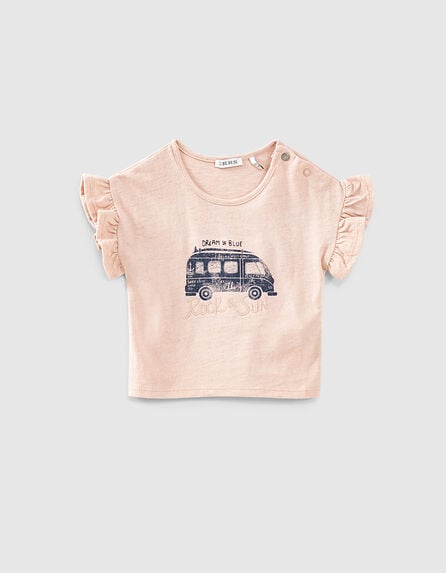 Camiseta rosa empolvado bio camper y bordado bebé niña 