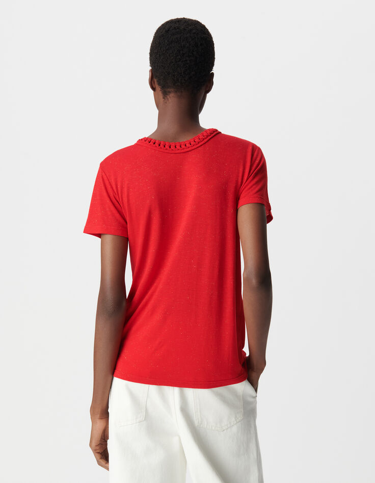 Tee-shirt rouge tressage encolure V Femme-4