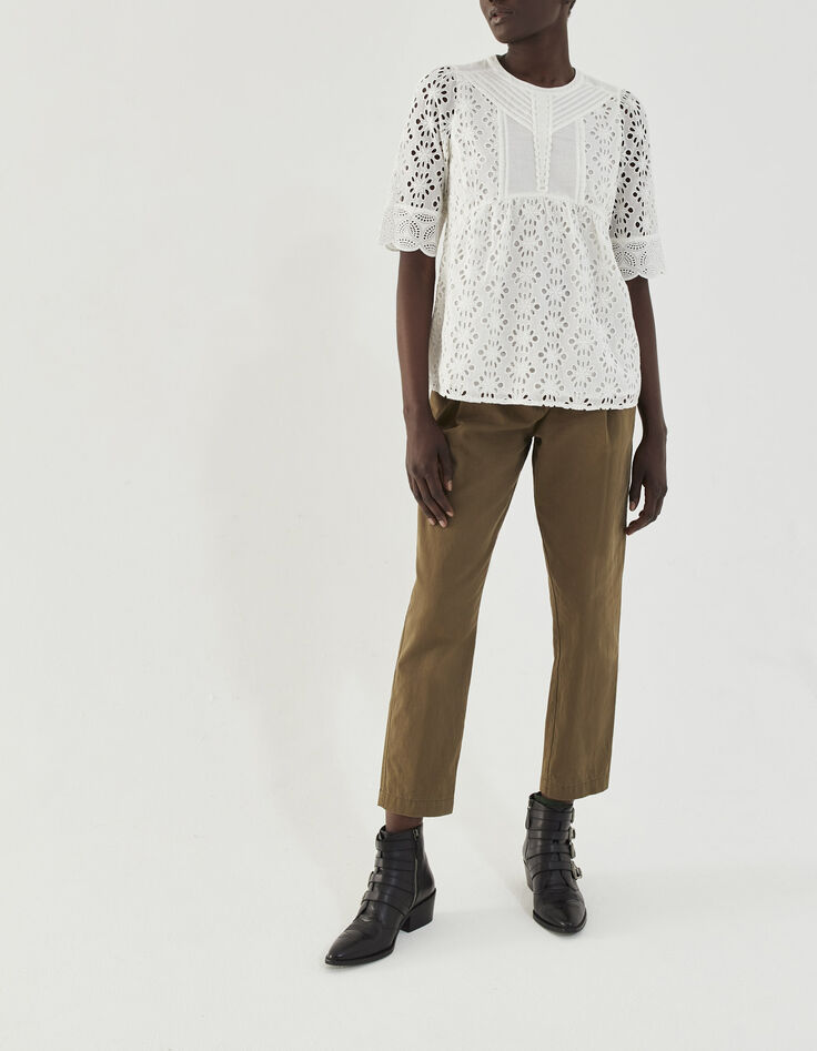 Women’s ecru eyelet embroidery cotton peplum blouse-6