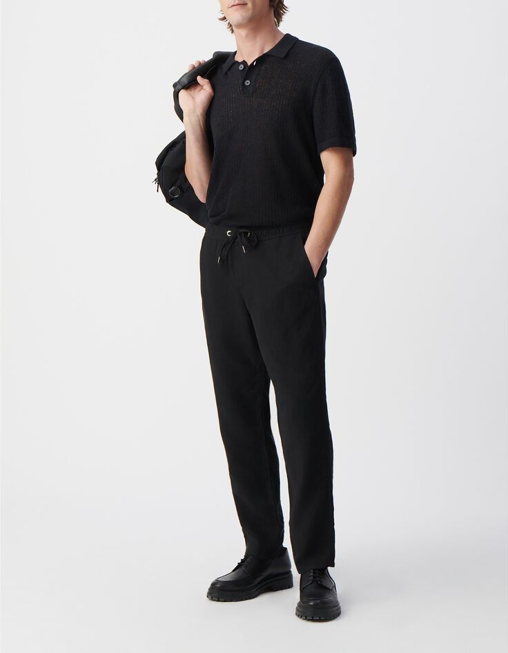 Men&rsquo;s black decorative openwork knit polo shirt-1