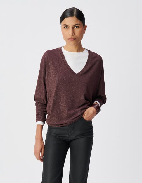 Women&rsquo;s burgundy lurex T-shirt with batwing sleeves - IKKS