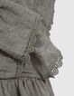 Khaki Mädchenkleid mit Jacquard und Rüschenärmeln-6