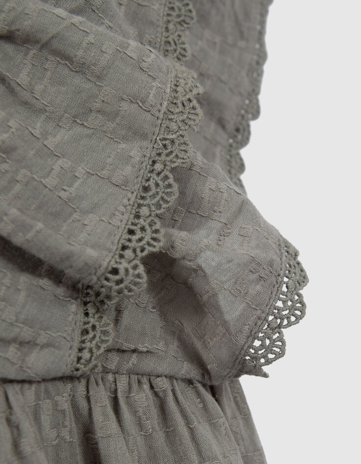 Khaki Mädchenkleid mit Jacquard und Rüschenärmeln-6