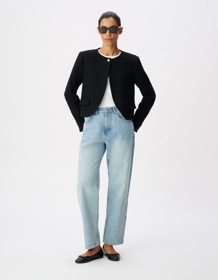 Veste carr&eacute;e noire effet tweed Femme-1