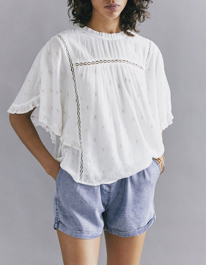 Women’s ecru loose top with lace panel and gathering - IKKS