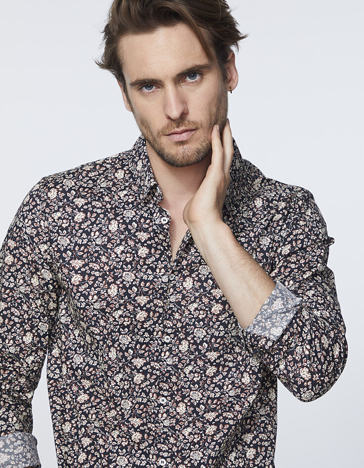 Chemise SLIM noire imprimé fleurs Homme-5