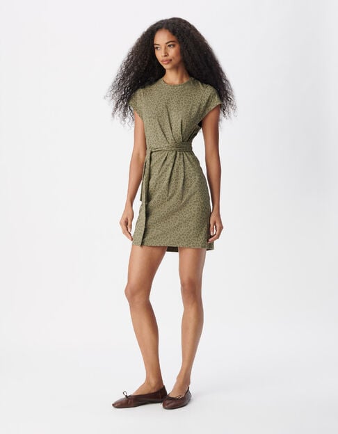 Robe kaki imprim&eacute; l&eacute;opard ceinture &agrave; nouer Femme - IKKS