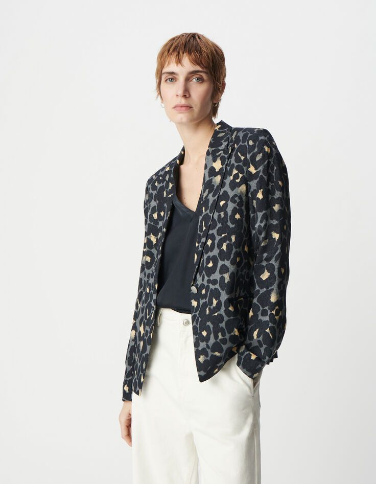 Americana azul marino con estampado animal para mujer-2