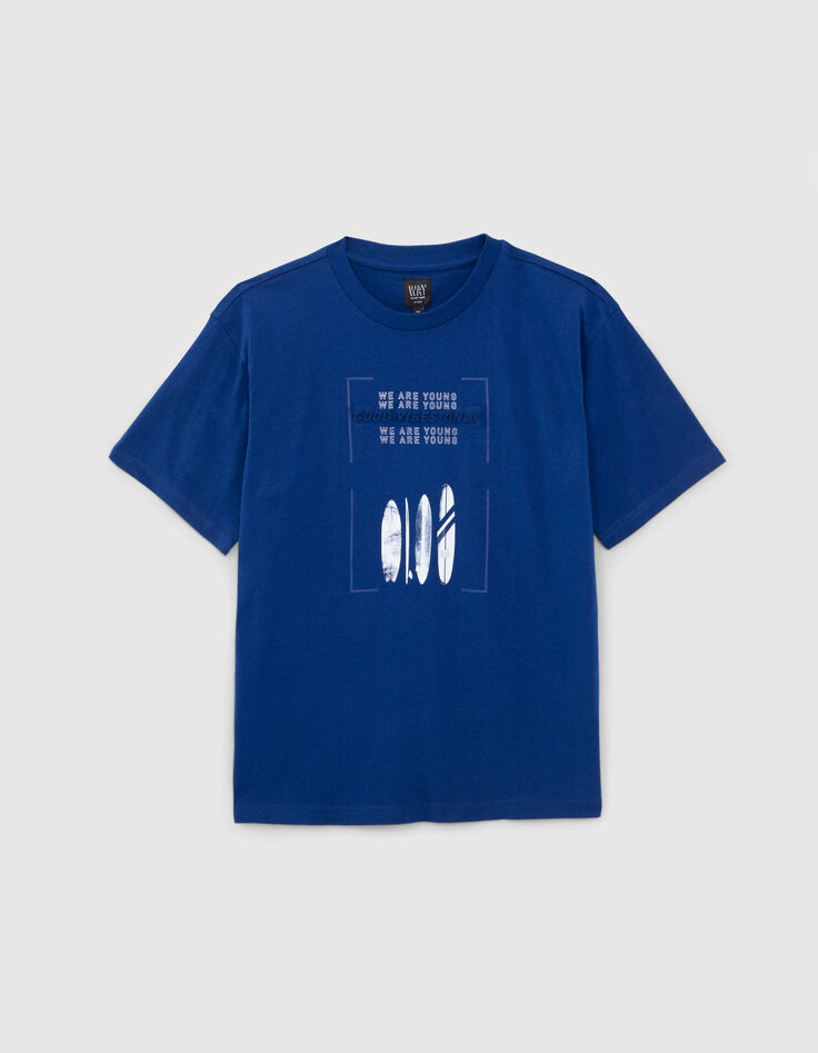 Camiseta azul algod&oacute;n surf y mensaje en relieve ni&ntilde;o-1