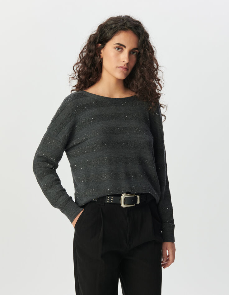 Women’s grey knit striped sequin-embroidered cardigan-2