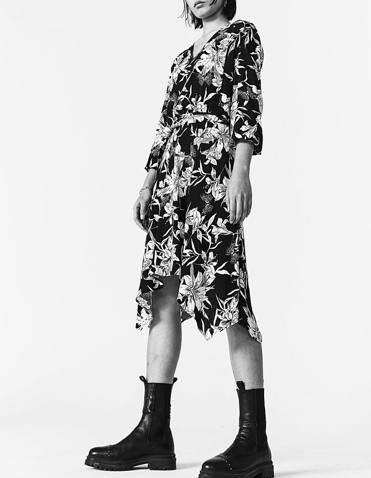 Robe midi en crêpe imprimé floral noir et blanc femme-3