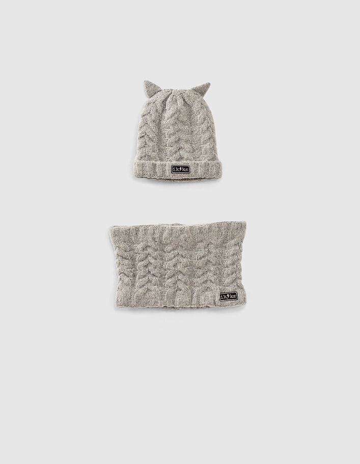Baby girls’ mid-grey marl cable knit beanie and snood  - IKKS