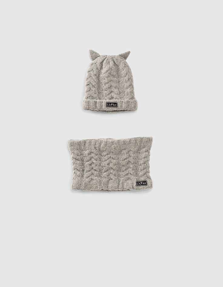 Bonnet et snood gris chiné moyen torsadés bébé fille -1 Bonnet et snood gris chiné moyen torsadés bébé fille -1