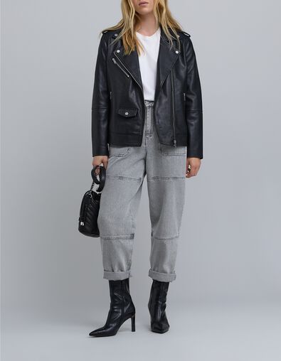 Schwarze mittellange Leder-Bikerjacke f&uuml;r Damen - IKKS