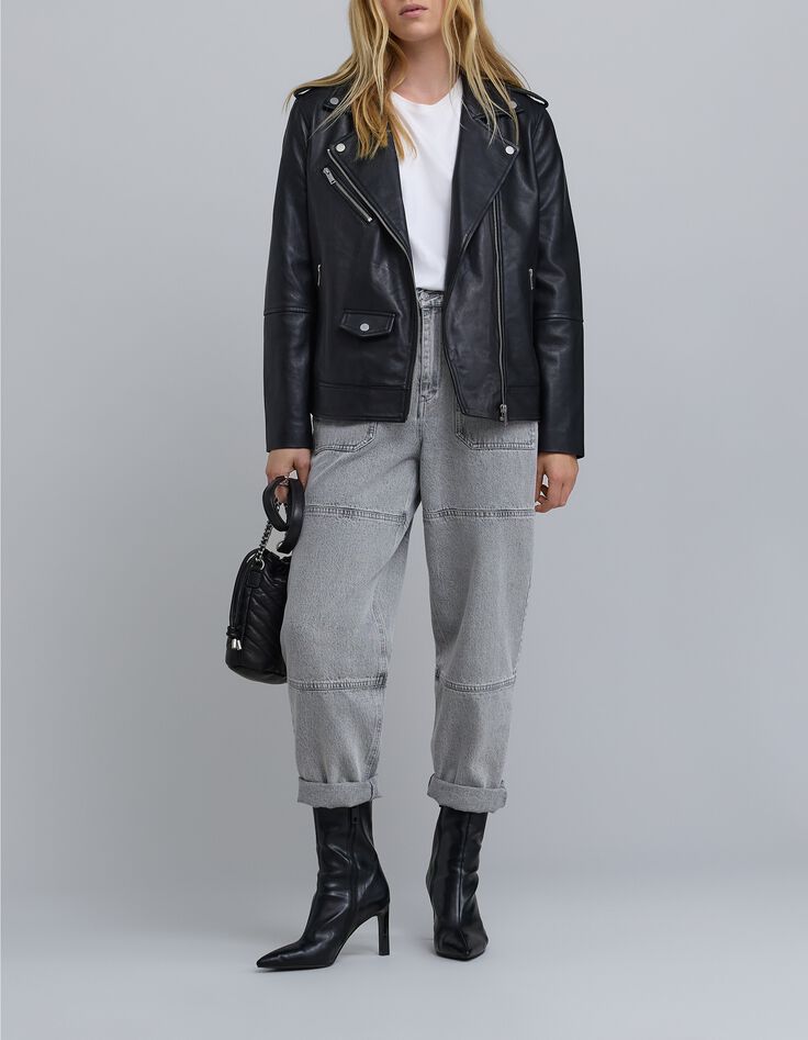 Schwarze mittellange Leder-Bikerjacke f&uuml;r Damen-1
