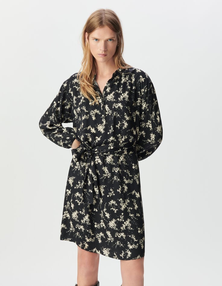 Robe noire imprimé fleurs sauvages ceinture amovible Femme-3 Robe noire imprimé fleurs sauvages ceinture amovible Femme-3