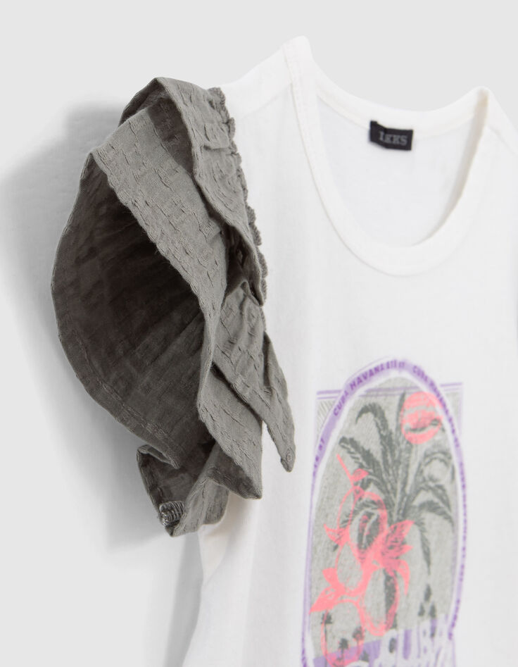 Girls’ off-white T-shirt, palm trees and ruffled sleeves-4