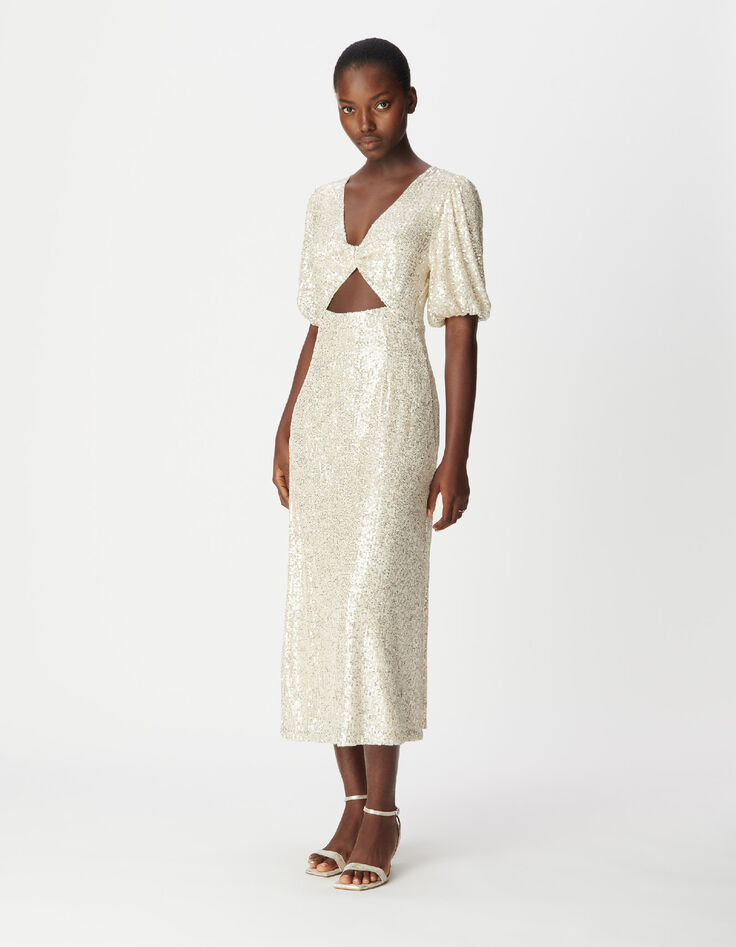 Vestido dorado lentejuelas con lazo Mujer-4