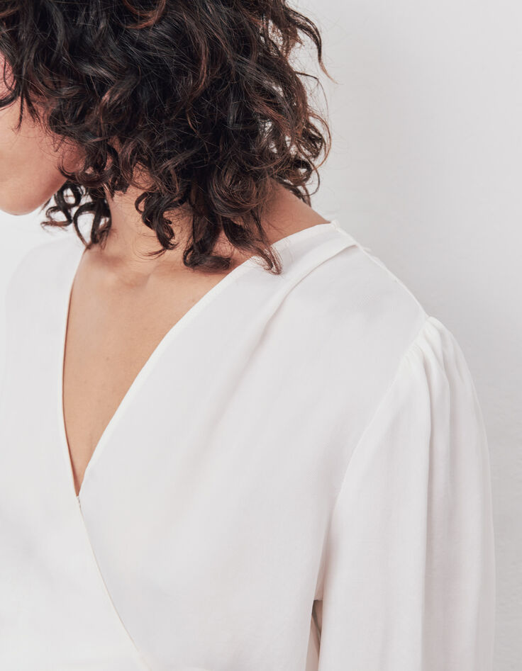Blouse cache cœur écru à nouer finition clous bijoux femme-4