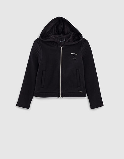 Cardigan noir molleton &agrave; capuche fille - IKKS