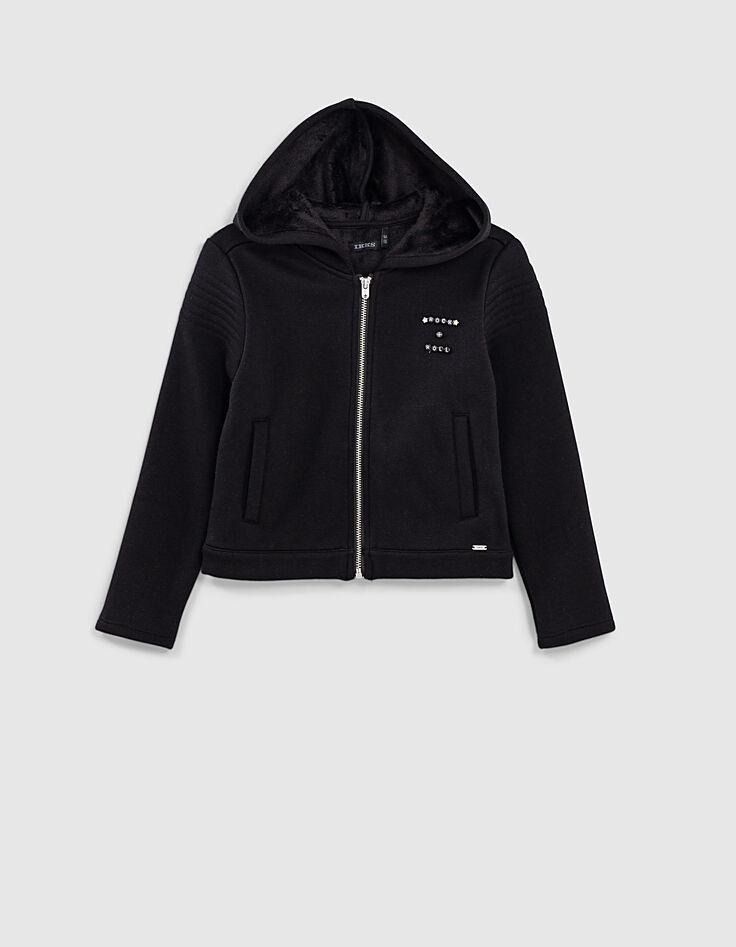 Cardigan noir molleton &agrave; capuche fille-1