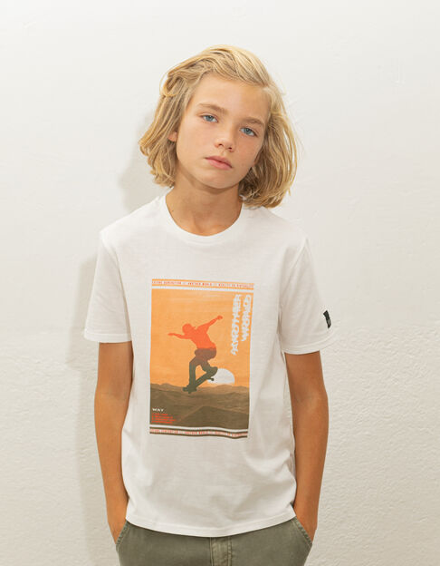 Boys’ white organic cotton T-shirt with skateboarder image