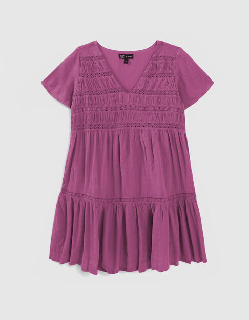 Girls’ violet waffle dress with lace braid - IKKS