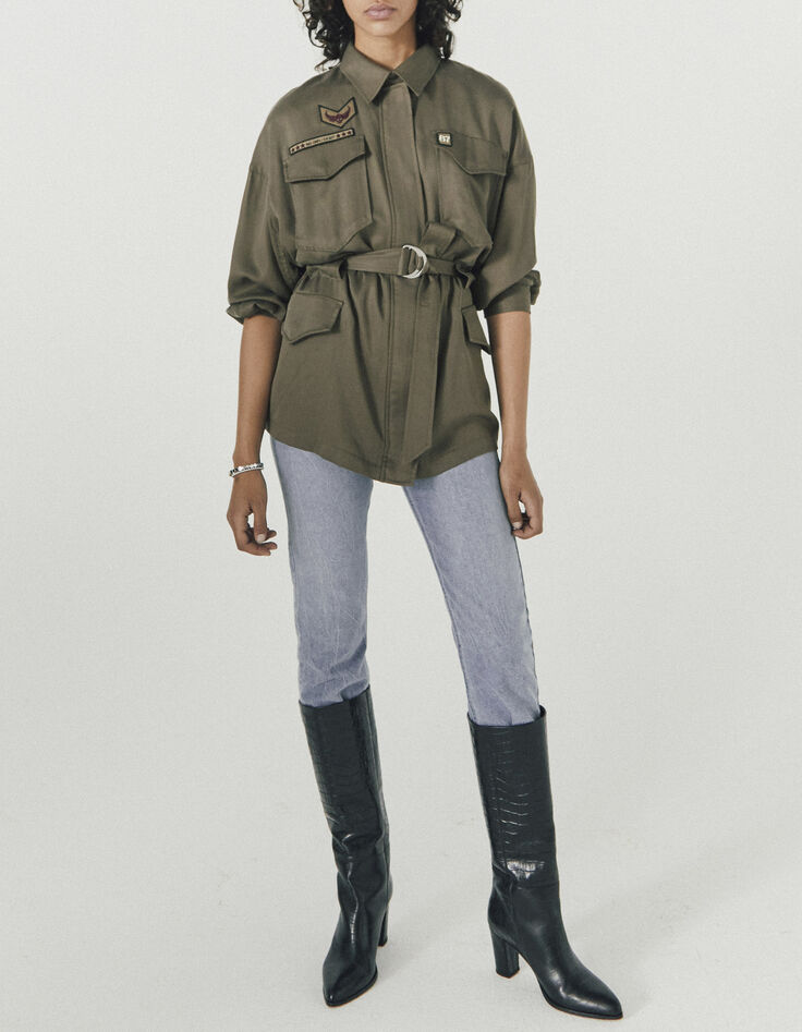 Women’s khaki tencel safari jacket, army badges and belt-5