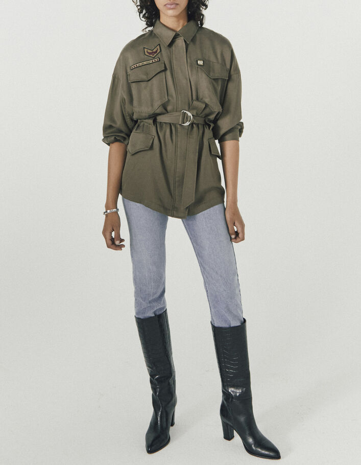 Women’s khaki tencel safari jacket, army badges and belt - IKKS