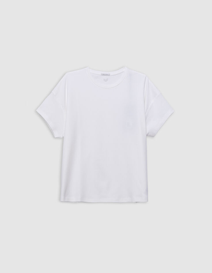 Weißes Damen-T-Shirt mit Rundhalsausschnitt und Fischgrätenstickerei-6