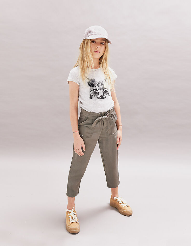 Pantalon paper bag kaki fluide 7/8ème fille-6