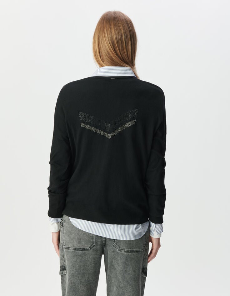 Schwarzer Damenfeinstrickpulli Fischgräten Strass hinten-3