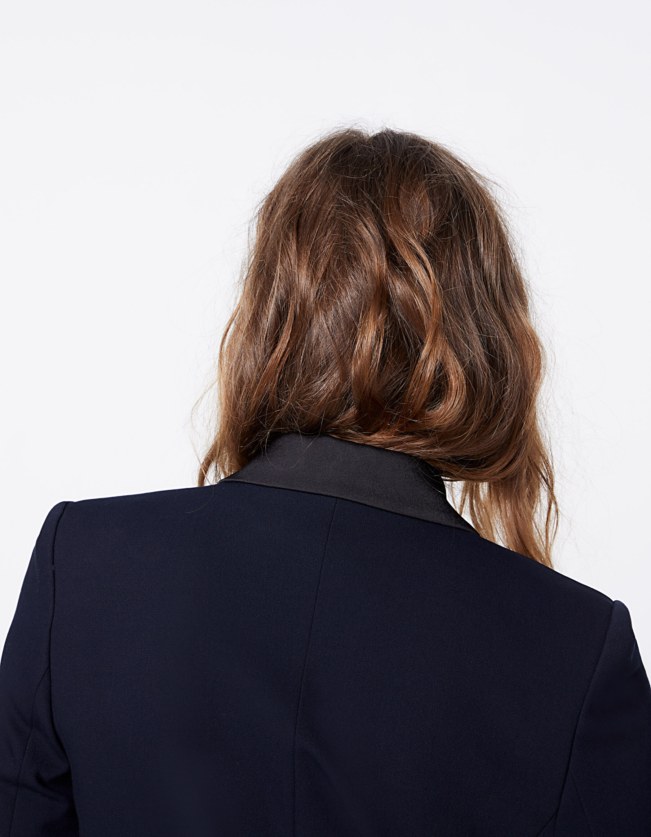 Veste tailleur mi longue marine double boutonnage femme
